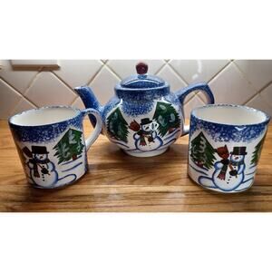 Snowman‎ Teapot and 2 Snowman Mugs Blue Ceramic Christmas Winter